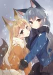  :o animal_ears bangs black_bow black_gloves black_neckwear black_skirt blonde_hair blue_jacket blush bow bowtie breasts chin_grab eyebrows_visible_through_hair ezo_red_fox_(kemono_friends) fox_ears fox_tail fur-trimmed_sleeves fur_trim gloves grey_hair hand_on_another's_chin highres jacket kemono_friends long_hair long_sleeves looking_at_viewer medium_breasts miniskirt momoirone multiple_girls open_mouth orange_jacket pantyhose pleated_skirt pocket silver_fox_(kemono_friends) skirt smile snow snowflakes tail white_bow white_neckwear white_skirt yellow_eyes 