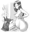  1boy 1girl ass breasts caracol dog interspecies large_breasts monochrome nude pregnant 
