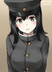  akitsu_maru_(kantai_collection) artist_name black_eyes black_hair black_hat brown_background buttons dated gradient gradient_background hat highres kamelie kantai_collection long_sleeves military military_uniform open_mouth peaked_cap remodel_(kantai_collection) short_hair solo uniform 