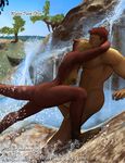  2016 anthro areola breasts brown_fur brown_hair brown_nipples duo english_text female fur hair hattonslayden human human_on_anthro interspecies kissing male male/female mammal mustelid nipples nude otter outside side_boob text water waterfall 