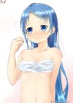  aqua_hair bangs blue_eyes blue_hair blush breasts flying_sweatdrops gradient_hair highres kantai_collection long_hair looking_to_the_side mae_(maesanpicture) multicolored_hair navel samidare_(kantai_collection) sarashi small_breasts solo swept_bangs twitter_username underwear underwear_only upper_body very_long_hair wavy_mouth 