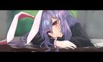  animal_ears asuzemu blazer blurry blurry_background bunny_ears hair_between_eyes hair_spread_out head_rest head_tilt jacket lavender_hair letterboxed light_smile long_hair long_sleeves looking_at_viewer lying purple_hair red_eyes reisen_udongein_inaba shirt smile solo table touhou very_long_hair 