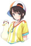  1girl absurdres bird black_hair blue_eyes breasts collarbone commentary_request duck hat highres hololive looking_at_viewer oozora_subaru portrait racchi. shirt short_hair simple_background small_breasts solo stopwatch striped striped_shirt virtual_youtuber watch 