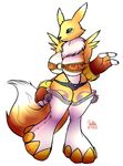  big_breasts blue_eyes breasts clothing digimon fingerless_gloves fur gloves hi_res jalle purple_fur renamon shorts white_fur wide_hips yellow_fur 