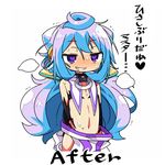  arms_behind_back before_and_after blue_hair clenched_teeth hacka_doll hacka_doll_3 heart heart-shaped_pupils kanikama long_hair male_focus naughty_face navel otoko_no_ko purple_eyes saliva simple_background smile solo symbol-shaped_pupils teeth torn_clothes translated white_background 