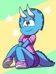  2017 alpha_channel anthro breasts clothed clothing cute dinosaur eyebrows eyelashes female jurassiczalar mammal scalie shirt simple_background sitting smile solo star toony trixie_triceratops 