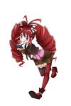  :q antenna_hair blush_stickers boots bow claw_(weapon) claws drill_hair hair_bow high_heel_boots high_heels highres holding holding_poke_ball kiraki long_hair long_sleeves micha_jawkan poke_ball red_footwear red_hair senki_zesshou_symphogear sharp_teeth shorts simple_background smile solo teeth tongue tongue_out twin_drills weapon white_background 