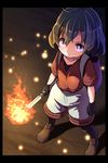  backpack bag black_border black_gloves black_hair black_legwear border brown_footwear clenched_hand collarbone commentary_request fire from_above full_body gloves hair_between_eyes highres kaban_(kemono_friends) kemono_friends looking_up no_hat no_headwear pants pantyhose purple_eyes red_shirt serious shipii_(jigglypuff) shirt shoes short_hair short_sleeves solo spoilers standing torch white_pants 