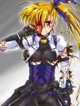  armor bleeding blonde_hair blood blood_on_face bodysuit breasts broken_armor clenched_hand cowboy_shot cropped_jacket cuts gloves hair_ribbon injury jacket large_breasts light_blush long_hair looking_at_viewer lyrical_nanoha magical_girl mahou_shoujo_lyrical_nanoha_vivid older open_clothes open_jacket red_eyes ribbon san-pon side_ponytail smirk solo torn_bodysuit torn_clothes torn_gloves torn_jacket underboob very_long_hair vivio waist_cape 