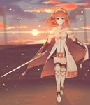  arm_guards artist_logo artist_name bad_id bad_pixiv_id bangs black_legwear breastplate cape celica_(fire_emblem) cloud cloudy_sky commentary_request detached_collar dress earrings fingerless_gloves fire_emblem fire_emblem_echoes:_mou_hitori_no_eiyuuou gloves hair_ornament headband highres jewelry long_hair red_eyes red_hair skirt sky smile solo sparkle_background strapless strapless_dress sun sunset sword tcong thighhighs tiara weapon white_dress zettai_ryouiki 