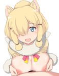  1girl alpaca_ears alpaca_suri_(kemono_friends) animal_ears blue_eyes blush breast_hold breasts cum cum_on_body cum_on_breasts cum_on_upper_body hair_over_one_eye hetero horizontal_pupils kemono_friends large_breasts nipples no_bra open_mouth paizuri puffy_nipples smile varitora white_hair 