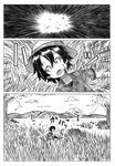  bag bush cloud comic explosion gloves grass greyscale hat hat_feather hat_removed headwear_removed helmet highres kaban_(kemono_friends) kemono_friends lying monochrome mountain on_back on_ground open_mouth outstretched_arms pantyhose pantyhose_under_shorts pith_helmet rock shino_(ponjiyuusu) shirt short_hair short_sleeves shorts sitting sky spread_arms t-shirt tree wide-eyed 