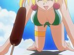  00s 1girl animated animated_gif bikini blonde_hair bracelet breasts chocolate_banana earrings eiken grace_lin jewelry large_breasts outdoors popsicle sexually_suggestive solo swimsuit 