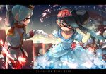  +_+ 2girls aori_(splatoon) black_hair blue_dress cinderella closed_mouth cousins crossdressing domino_mask dress earrings english epaulettes flower gloves grey_hair hair_flower hair_ornament hand_holding hotaru_(splatoon) jacket jewelry kashu_(hizake) layered_dress long_dress long_hair long_sleeves looking_at_another mask military military_uniform mole mole_under_eye multiple_girls open_mouth pants pointy_ears red_eyes red_pants short_hair short_sleeves smile splatoon stairs standing tentacle_hair uniform white_gloves white_jacket 