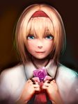  alice_margatroid ascot bangs blonde_hair blue_eyes capelet closed_mouth commentary_request condom_wrapper hair_between_eyes hairband jubakurei looking_at_viewer puppet_rings realistic red_hairband short_hair smile solo touhou upper_body white_capelet 