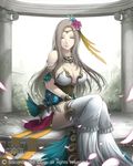  bracelet breasts brown_hair cleavage company_name copyright_name flower full_body grass grey_eyes gyakushuu_no_fantasica hair_flower hair_ornament highres jewelry large_breasts long_hair mole mole_under_eye necklace official_art petals sitting solo stealthmaria tiara 