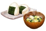  commentary_request food miso_soup no_humans nori_(seaweed) onigiri original plate rice simple_background spring_onion steam tofu tokie_(tokie-mizu) wakame_(seaweed) white_background 
