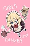  apron blonde_hair blue_eyes boko_(girls_und_panzer) chibi copyright_name duster emblem eyebrows_visible_through_hair fang girls_und_panzer hama_chon katyusha maid maid_apron maid_headdress neck_ribbon open_mouth pink_background pravda_(emblem) ribbon short_hair 