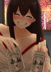  akagi_(kantai_collection) alcohol asahi_breweries beer beer_can blush brown_hair can closed_eyes cross-counter_(screw_upper) fireworks highres holding holding_can japanese_clothes kantai_collection long_hair off_shoulder smile solo 