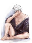  1boy barefoot hatake_kakashi male_focus muscle naruto_shippuuden silver_hair sitting solo tagme undressing 