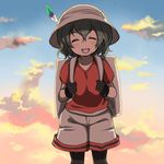  ^_^ backpack bag black_gloves black_hair black_legwear blue_sky blush_stickers closed_eyes cloud cloudy_sky collarbone commentary duplicate evening eyebrows_visible_through_hair facing_viewer gloves gradient_sky hair_between_eyes hat hat_feather helmet jpeg_artifacts kaban_(kemono_friends) kawanobe kemono_friends multicolored multicolored_sky no_nose open_mouth orange_sky outdoors pantyhose pith_helmet red_shirt shirt short_hair short_sleeves shorts sky smile solo wavy_hair white_hat white_shorts |d 