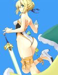  1girl artoria_pendragon_(all) artoria_pendragon_(swimsuit_archer) ass bare_shoulders bottle braid cape_removed excalibur fate/grand_order fate_(series) from_behind glowing glowing_sword glowing_weapon hair_bun hair_ribbon high_heels highleg highleg_swimsuit highres ribbon solo swimsuit sword water_bottle weapon 