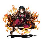  anklet bracelet breasts brown_hair cleavage divine_gate earrings fire floating_hair full_body hair_between_eyes hair_ornament ifrit_(divine_gate) jewelry long_hair looking_at_viewer medium_breasts midriff official_art red_eyes shadow solo transparent_background ucmm very_long_hair 