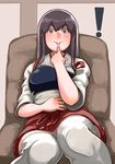  1girl akagi_(kantai_collection) black_hair brown_eyes hakama_skirt index_finger_raised japanese_clothes kantai_collection long_hair looking_at_viewer muneate open_mouth solo straight_hair takemaru08 tasuki thighhighs white_legwear 