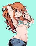 arm_behind_head armpits bikini_top blue_background bracelet breasts brown_eyes cleavage denim jeans jewelry licking_lips log_pose looking_at_viewer medium_breasts nami_(one_piece) navel ok_sign one_eye_closed one_piece orange_hair pants parororo sideboob simple_background solo stomach tongue tongue_out underboob upper_body 