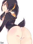  1girl artist_request ass black_eyes black_hair blonde_hair blush breasts embarrassed emperor_penguin_(kemono_friends) from_behind hair_over_one_eye kemono_friends large_breasts leotard long_sleeves looking_back multicolored_hair shiny shiny_clothes shiny_hair shiny_skin sideboob solo sweatdrop tail thong_leotard two-tone_hair 
