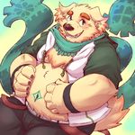  anthro canine clothing cusith dog fur male mammal navel overweight scarf simple_background solo tokyo_afterschool_summoners yellow_fur 