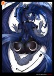  2017 anthro anthrofied black_border blue_eyes blue_feathers blue_hair border butt clothing cutie_mark equine eyewear feathered_wings feathers female friendship_is_magic glasses hair horn legwear long_hair looking_at_viewer looking_back mammal mirapony my_little_pony patreon princess_luna_(mlp) riding_crop solo whip winged_unicorn wings 