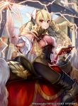  armor bangs blonde_hair bow brown_eyes company_connection copyright_name detached_sleeves drill_hair fire_emblem fire_emblem:_kakusei fire_emblem_cipher hair_bow horse horseback_riding long_hair looking_at_viewer looking_back magic mariabel_(fire_emblem) official_art pants parasol pisuke riding shoulder_armor solo thighhighs umbrella 