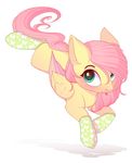  blue_eyes clothing equine evehly eyelashes feathered_wings feathers female feral fluttershy_(mlp) friendship_is_magic fur hair hooves legwear mammal my_little_pony pegasus pink_hair simple_background smile socks solo tongue white_background wings yellow_fur 