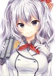  binoculars blush bow breasts eyebrows_visible_through_hair gloves grey_eyes hair_bow highres holding_binoculars kantai_collection kashima_(kantai_collection) large_breasts long_sleeves looking_at_viewer medium_hair ntk_(7t5) red_bow silver_hair smile solo white_gloves 