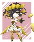  alternate_costume artist_name black_hair black_lipstick breasts chibi cleavage cleavage_cutout coin cosplay dated eyeshadow hair_over_one_eye headgear highres kiraki leiur_darahim lipstick makeup medium_breasts multicolored_hair orange_hair senki_zesshou_symphogear short_hair signature solo thighhighs two-tone_hair yellow_eyes yukine_chris yukine_chris_(cosplay) 