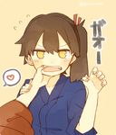  akagi_(kantai_collection) arm_grab blush brown_eyes collarbone commentary fangs finger_in_another's_mouth flying_sweatdrops hair_between_eyes hair_ribbon heart ina_(1813576) japanese_clothes kaga_(kantai_collection) kantai_collection kimono long_hair looking_at_viewer multiple_girls open_mouth red_ribbon ribbon round_teeth side_ponytail simple_background spoken_heart teeth twitter_username 
