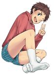  1boy feet full_body looking_at_viewer male_focus sitting smile socks solo underwear v wink young 
