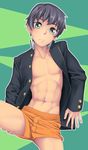  1boy abs crotch looking_at_viewer male_focus muscle nipples school_uniform sitting solo student tagme unbuttoned underwear undressing young 