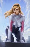  all_fours artist_name bird blonde_hair blue_eyes blue_sky blurry bodysuit breasts building cloud day depth_of_field gwen_stacy hairband highres hood hood_down impossible_bodysuit impossible_clothes marvel medium_breasts sam_delatore sky solo spider-gwen spider-man_(series) superhero 