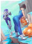  1girl absurdres alien armor ass bangs bare_shoulders bent_over black_hair blue_bodysuit blue_eyes blue_skin blunt_bangs blush bodysuit boots breastplate cliff closed_mouth cloud dated day dragon_ball dragon_ball_(object) dragon_ball_xenoverse dutch_angle embarrassed emblem floating from_side full_body gloves gorgeous_mushroom grass green_sky hand_up highres holding jaco_(ginga_patrol_jaco) kneepits legs_apart looking_at_another mirai_senshi namek no_pupils outdoors revision rocket_boots saiyan scouter short_hair signature sketch skin_tight sky star star_print transparent tree unitard wavy_mouth white_footwear white_gloves yellow_eyes 