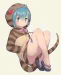  :&lt; ahoge aqua_eyes aqua_hair bangs bare_legs beige_background closed_mouth commentary crossed_bangs eyebrows_visible_through_hair feet floating full_body geta gradient_ribbon hands_in_pockets highres hood hoodie jitome kemono_friends long_sleeves looking_at_viewer multicolored multicolored_ribbon neck_ribbon pink_ribbon pocket purple_ribbon ribbon saino sandals sidelocks simple_background snake_tail solo striped striped_clothes striped_hoodie striped_tail tail thighs toenails toes tsuchinoko_(kemono_friends) v-shaped_eyebrows 