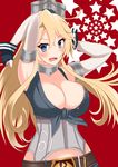  ayasato_karen bad_id bad_pixiv_id blonde_hair breasts buckle cleavage elbow_gloves fingerless_gloves front-tie_top gloves hair_between_eyes headgear highres iowa_(kantai_collection) kantai_collection large_breasts long_hair solo star star-shaped_pupils striped symbol-shaped_pupils vertical_stripes 