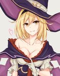  black_hairband blonde_hair breasts cape cleavage collarbone commentary_request djeeta_(granblue_fantasy) gloves granblue_fantasy hair_between_eyes hairband hat heart highres large_breasts looking_at_viewer off_shoulder parted_lips piro_(iiiiiiiiii) smile solo upper_body white_gloves witch_hat yellow_eyes 