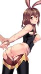  &gt;:) 1girl akoniii animal_ears arm_held_back ass bare_arms bare_shoulders bent_over boots breasts brown_eyes brown_hair brown_legwear bunny_ears censored closed_mouth cowboy_shot hair_between_eyes long_hair medium_breasts mosaic_censoring nipples pantyhose pussy rwby shirt skin_tight smile solo_focus sweat thigh_boots thighhighs torn_clothes torn_legwear torn_shirt v-shaped_eyebrows velvet_scarlatina wrist_grab 