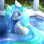  2017 absurd_res cutie_mark equine feathered_wings feathers female feral friendship_is_magic hair hi_res horn long_hair madacon mammal my_little_pony partially_submerged princess_celestia_(mlp) solo water white_feathers winged_unicorn wings 