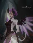  absurdres alternate_costume bodysuit breasts cowboy_shot dark_persona demon_horns eig embers emblem english facial_mark faulds forehead_mark grey_background hair_between_eyes highres horns imp_mercy light_smile lips lipstick looking_away makeup mechanical_wings mercy_(overwatch) nose overwatch patch ponytail purple_eyes purple_hair purple_wings small_breasts solo wings 