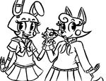  2015 animatronic anthro black_and_white bow_tie buckteeth canine clothed clothing crossdressing duo female five_nights_at_freddy&#039;s five_nights_at_freddy&#039;s_2 fox funtime_foxy_(fnaf) hand_puppet inkyfrog lagomorph looking_at_viewer machine male mammal monochrome open_mouth open_smile rabbit robot simple_background skirt smile teeth toy_bonnie_(fnaf) video_games white_background 