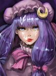  bangs blue_eyes blunt_bangs bow crescent cum cum_on_hair facial hair_bow hat jubakurei licking lips lipstick looking_at_viewer makeup mob_cap patchouli_knowledge pink_bow purple_hair red_lipstick solo tongue tongue_out touhou upper_body 