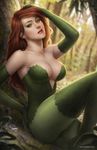  artist_name batman_(series) blurry breasts cleavage dc_comics depth_of_field elbow_gloves gloves green_eyes green_gloves green_leotard hand_in_hair hand_on_own_ass highres large_breasts leotard pantyhose pink_lips poison_ivy red_hair sam_delatore signature sitting solo thighhighs tree 